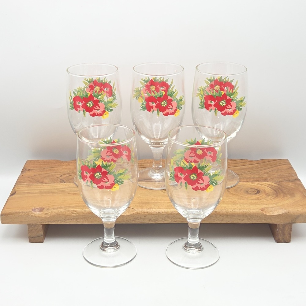 Retro Set of 5 Floral Stemmed Goblets Red Pink Flowers Holiday Glass Set 14 oz